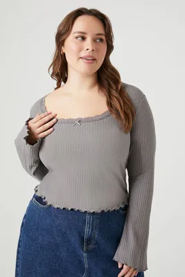 Women's Lettuce-Edge Bell-Sleeve Top in Dark Grey, 1X