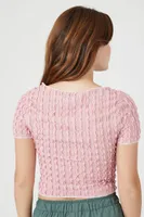 Women's Textured Short-Sleeve Crop Top in Pink Small