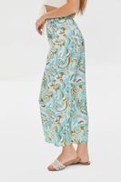 Women's Paisley Print Paperbag Satin Pants in Aqua Large