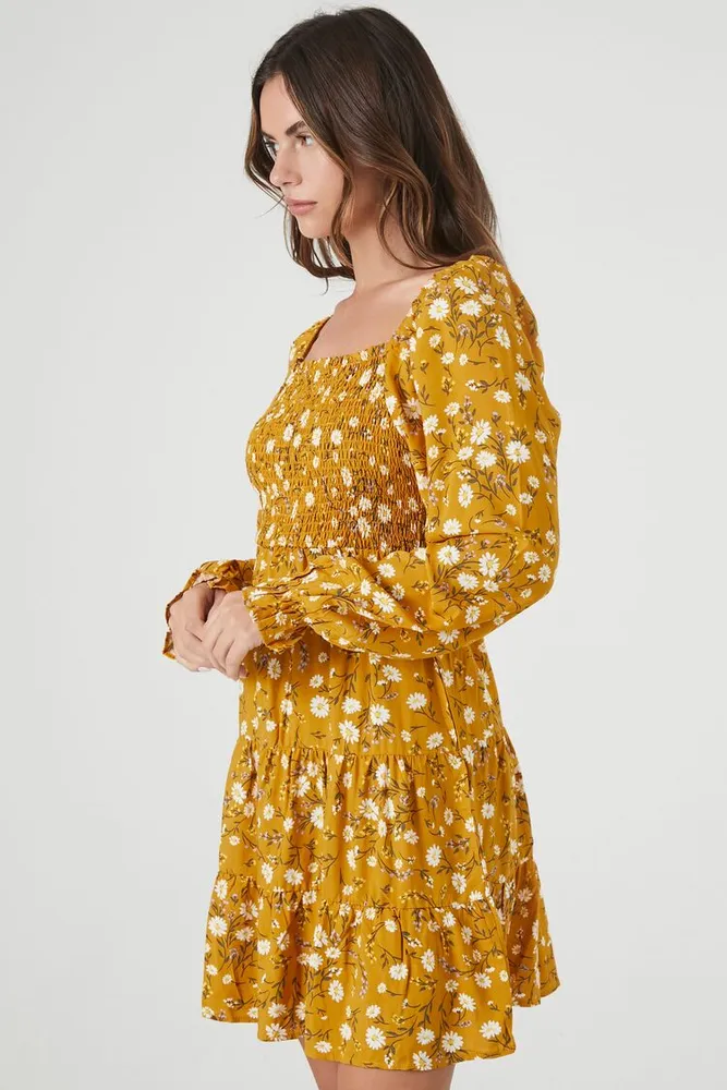 Women's Smocked Floral Print Mini Dress in Mustard Large
