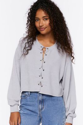 Women's Chain Lace-Up Eyelet Crop Top in Light Grey Large