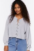 Women's Chain Lace-Up Eyelet Crop Top in Light Grey Small