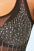 Women's Rhinestone Sheer Tank Bodysuit in Black/Silver, XL