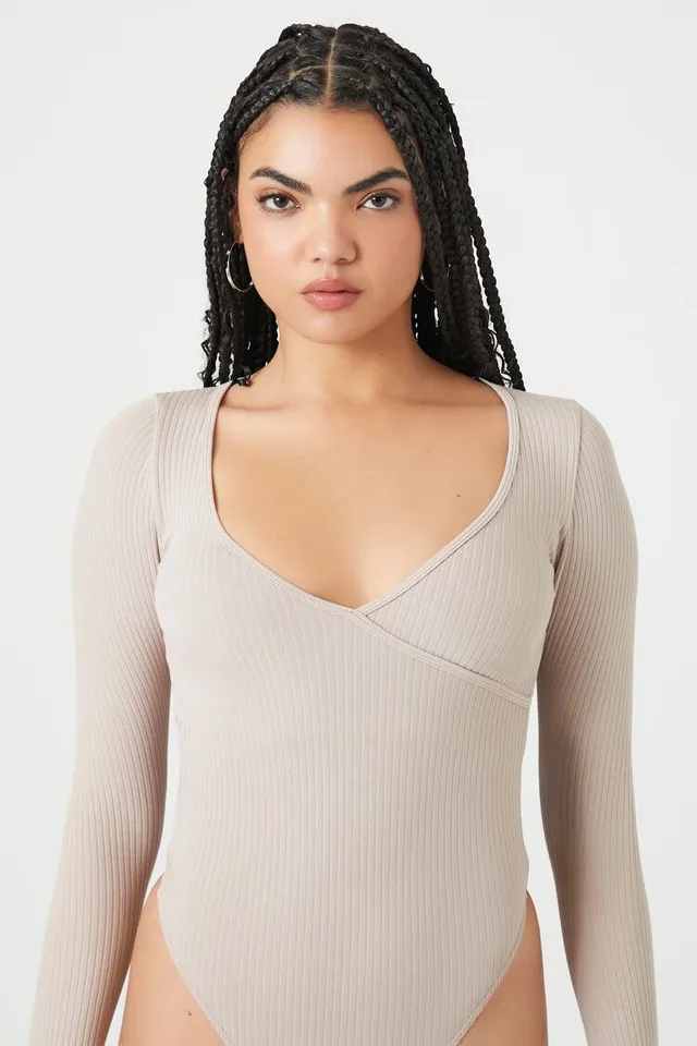 Split Neck Bodysuit-Taupe