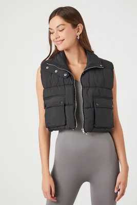 Women's Cropped Zip-Up Puffer Vest in Black Large