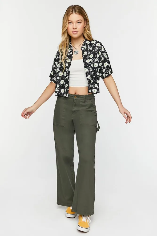 Women's Twill Wide-Leg Utility Pants in Olive Large