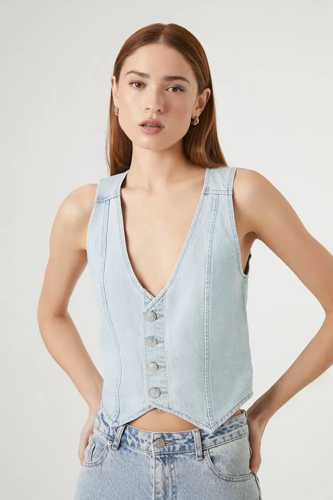 Women's Button-Up Denim Crop Top in Light Denim Medium