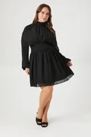 Women's Shirred Chiffon Mini Dress in Black, 0X