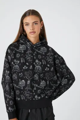 Women's Doodle Graphic Hoodie in Black Small