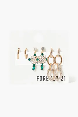 Women's Rhinestone Chain Drop Earring Set in Gold/Green