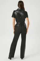 Women's Faux Leather Tie-Waist Jumpsuit in Black, XS