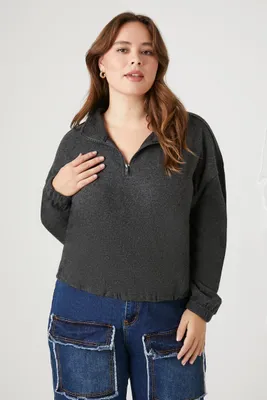 Women's Half-Zip Cropped Rib-Knit Pullover in Charcoal, 0X
