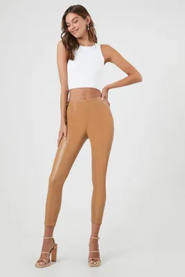 Women's Faux Leather High-Rise Ankle Pants in Brown Medium