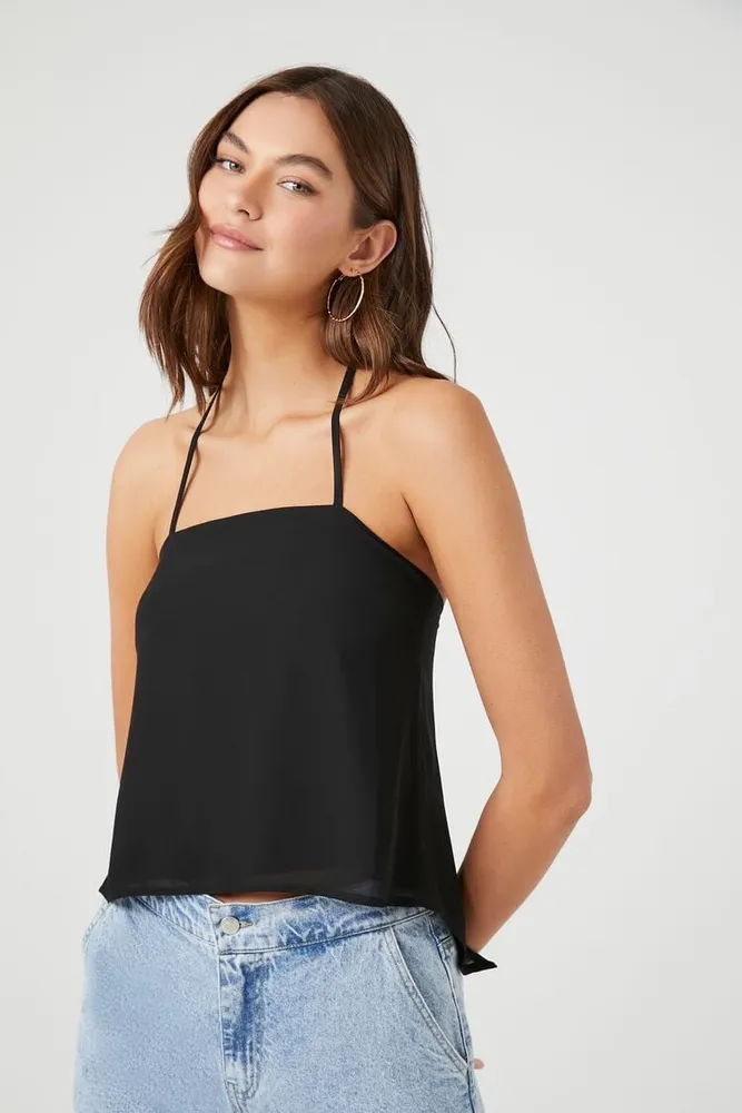 Women's Split-Back Chiffon Halter Cami in Black, XS