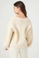 Women's Floral Embroidered Cardigan Sweater in Cream, XL