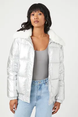 Women's Faux Fur-Trim Metallic Puffer Jacket in Silver Small