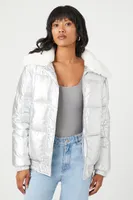 Women's Faux Fur-Trim Metallic Puffer Jacket Silver