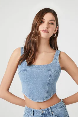 Women's Stretch-Denim Crop Top in Medium Denim Small