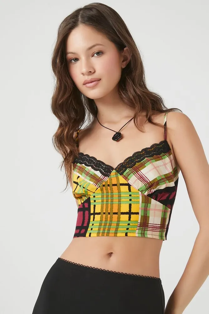 Women's Lace-Trim Plaid Cropped Cami in Yellow Small