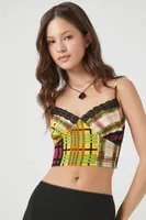 Women's Lace-Trim Plaid Cropped Cami in Yellow Small