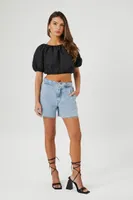 Women's Puff-Sleeve Lace-Back Crop Top in Black Small