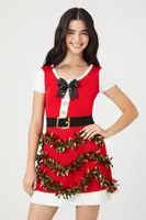 Women's Tinsel Garland Santa Mini Dress in Red, XL