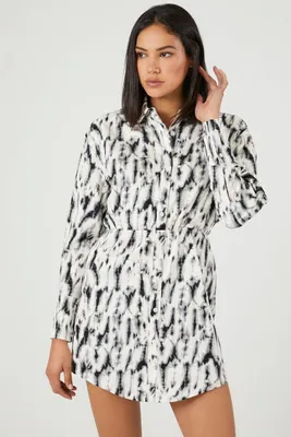 Women's Abstract Print Mini Shirt Dress in White, XS