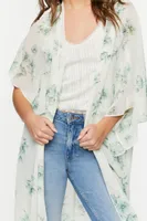 Women's Floral Print Butterfly-Sleeve Kimono in Ivory/Sage Large