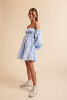 Women's Off-the-Shoulder Babydoll Mini Dress in Light Blue Large