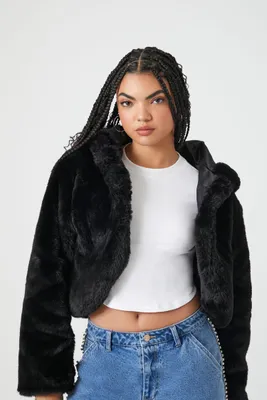 Women's Faux Fur Open-Front Hoodie in Black Small