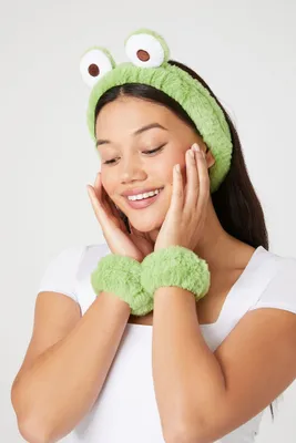 Plush Frog Headband & Washbands Set in Green