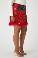 Women's Sequin Ornament Mini Skirt in Red, 0X