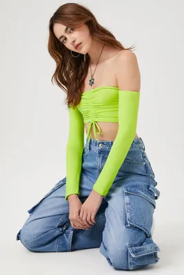Women's Ruched Off-the-Shoulder Crop Top in Lime Large