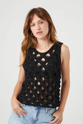 Women's Crochet Sweater-Knit Tank Top in Black Medium