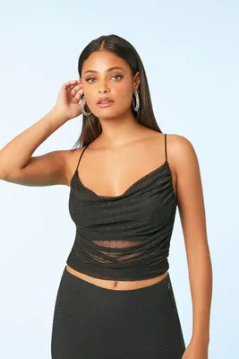 Women's Mesh Rhinestone Cowl Neck Crop Top Large