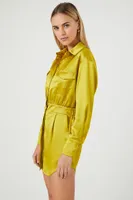 Women's Satin Mini Shirt Dress in Olivine Small