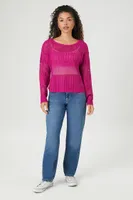 Women's Sheer Crochet Knit Sweater in Fuchsia Large