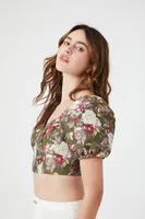 Women's Floral Puff-Sleeve Crop Top in Green Small