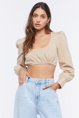 Women's Cropped Peasant Top in Khaki Large
