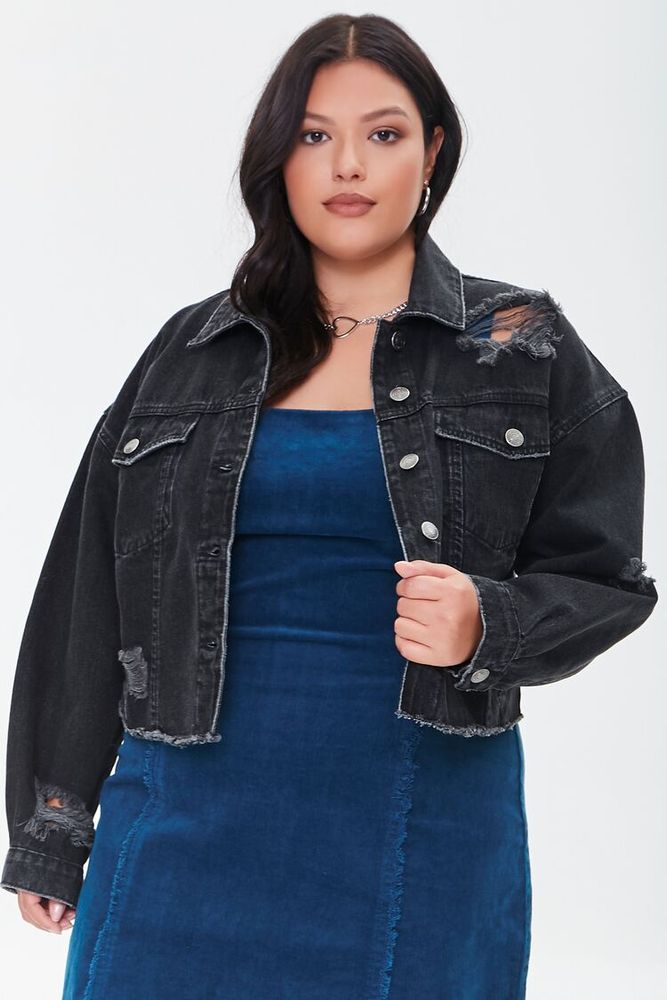 Women's Distressed Denim Jacket in Black, 2X