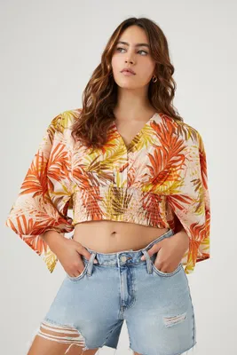 Women's Tropical Floral Print Crop Top in Cream Large