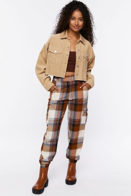 Women's Plaid Cargo Joggers in Light Brown Large