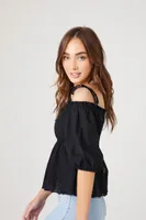 Women's Off-the-Shoulder Eyelet Top in Black, XS