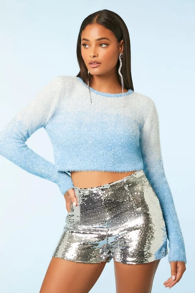 Women's Fuzzy Ombre Cropped Sweater Sky Blue