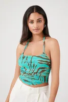 Women's Tiger Print Halter Crop Top in Blue Small