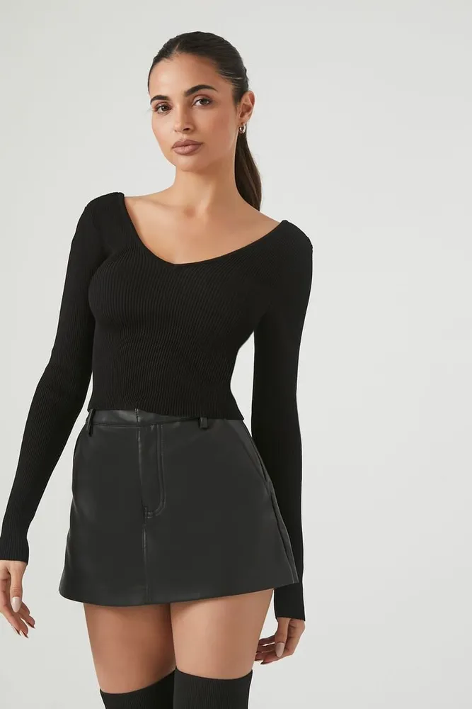 Women's Cropped Rib-Knit Sweater in Black Medium