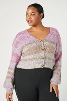 Women's Fuzzy Striped Cardigan Sweater in Pink, 0X