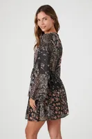 Women's Satin Paisley Plunging V-Neck Mini Dress in Black Small