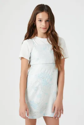 Girls Floral Cami Mini Dress (Kids) in Cream/Baby Blue, 13/14