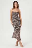 Women's Paisley Print Chiffon Midi Dress in Brown, XS